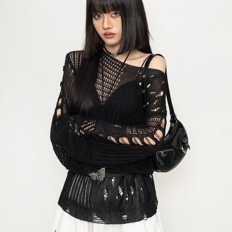 Y2K Hollow Out Knitted Pullovers Women Korean Harajuku Oversized Sweater Summer Sexy Slash Collar Long Sleeve Sunscreen Jumper