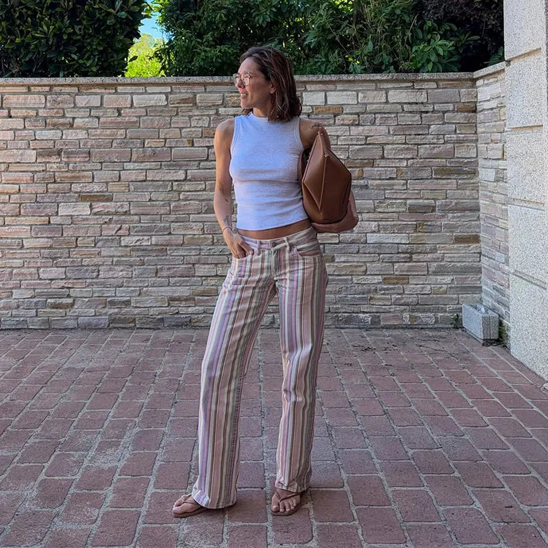 Color Vertical Stripe Women's Wide Leg Pants Folded Wide Waistband Side Thin Drawstring Tie Relaxed Drape Length Casual Pants