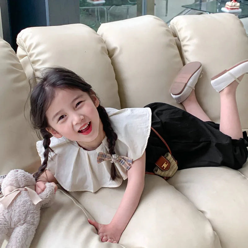 Girls' Jumpsuit with Ruffle Collar and Loose Leg Detachable Rompers Summer Outfits New Fashionable Casual Children's Clothing