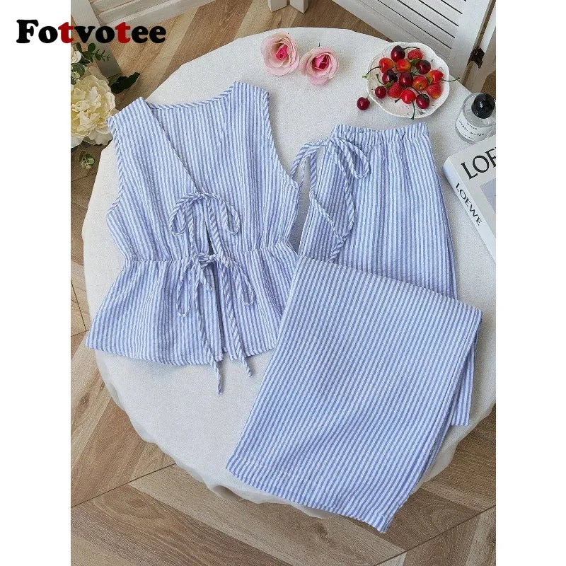 FOTVOTEE 2 Piece Sets Womens Outfits Striped V Neck Lace Up Sleeveless Blouse High Waist Wide Leg Pants Suits Casual Tracksuits
