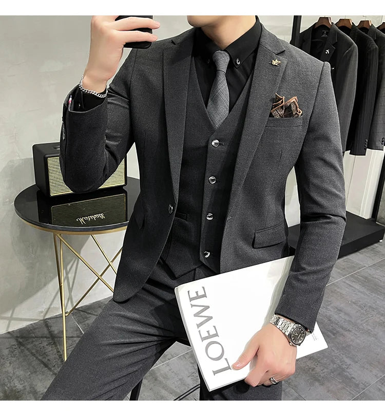 Blazer Vest Pants Men's Navy Blue Suit Set Slim Fit Blazer Vest Pants Formal Outfit for Business Wedding Office Groom Party