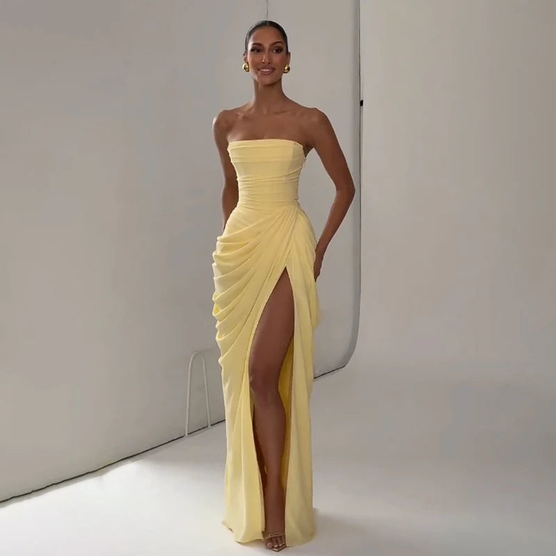 Elegant Solid Strapless Pleated Dress Women Chic Sleeveless Waist Cinching Split Maxi Vestidos 2026 Lady Evening Party Dresses