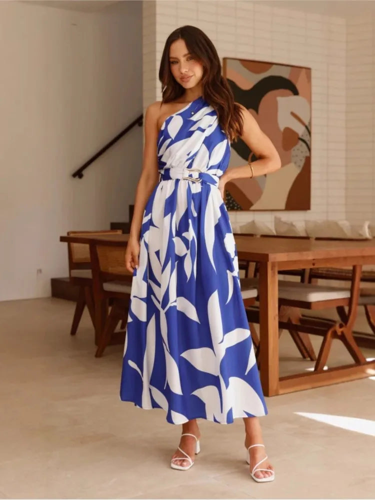 2025 Summer Fashion New Women's Sexy Vacation Dress Casual Elegant Bohemian Beach Skew Collar Off Shoulder Sashes Long Dresses