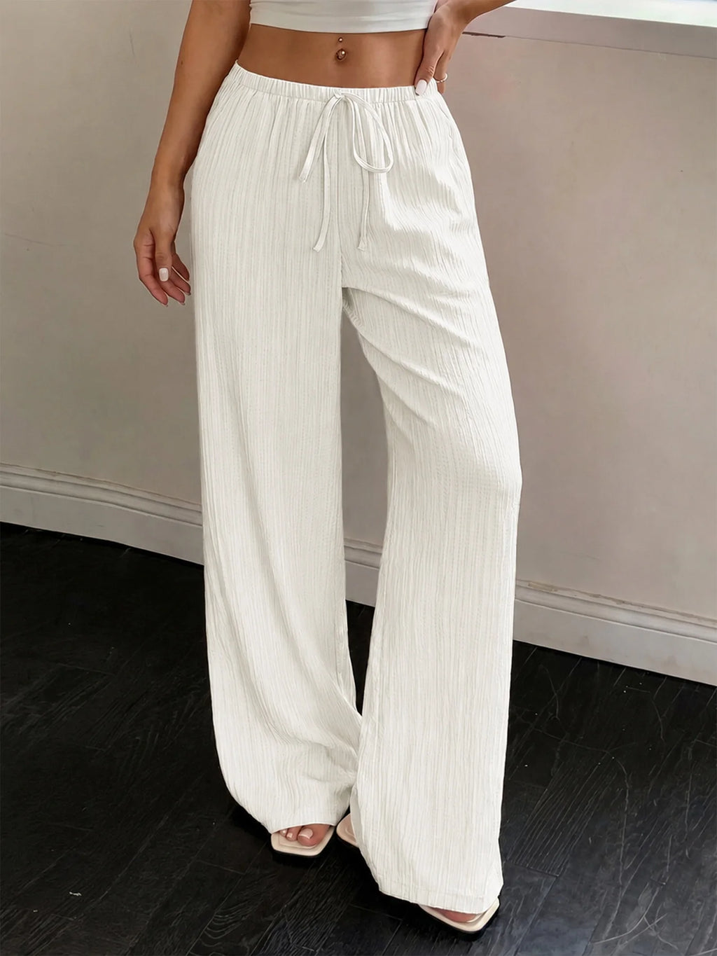 Women Crinkle Textured Wide Leg Pants Elastic Waist Loose Casual Lounge Trousers Soft Yoga Beach Vacation Flowy Pants