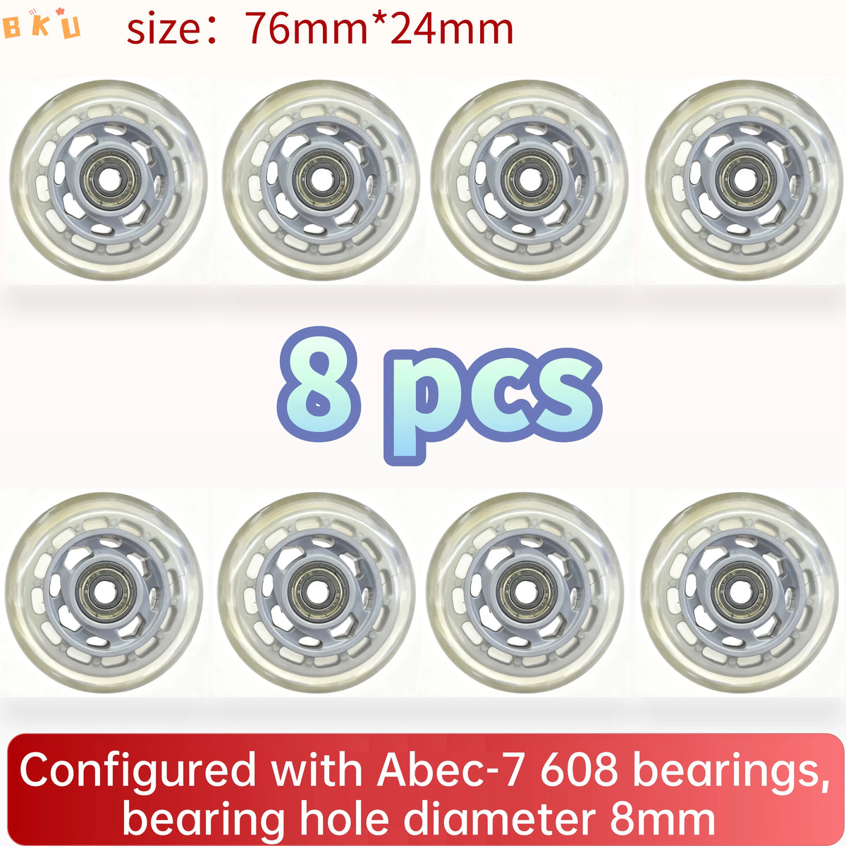 8-Piece PU Replacement Wheels 76mm(3") with ABEC-7 Bearings, PP+PU Material Fit Inline Skates/Kids Scooters/Strollers/Luggage