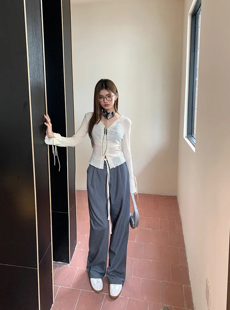 Elastic Waist Drawstring Loose Slim Casual Versatile Trousers 2026 Autumn New High Waist Women Wide Leg Suit Pants