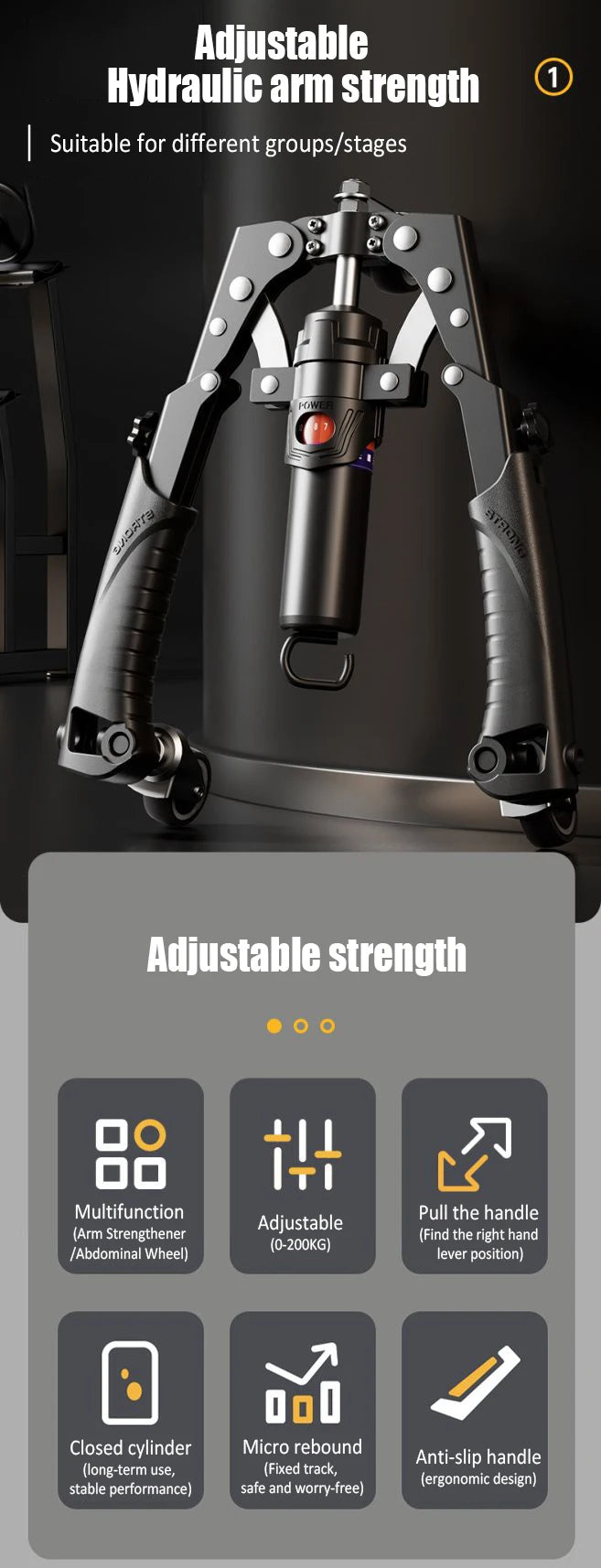 Arm Exerciser with Wheels Adjustable 22-440lb Hydraulic Arm Strengther Ab Wheel Chest Expander Abdominal Muscle Strength Trainer