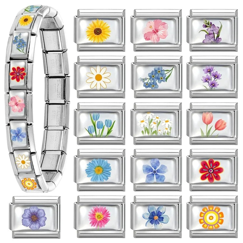 2025 Women's Fashion Colorful Flowers Sunflower Tulip Orchid Daisy Italian Charms Fit 9mm Stainless Steel Bracelet DIY Jewelry