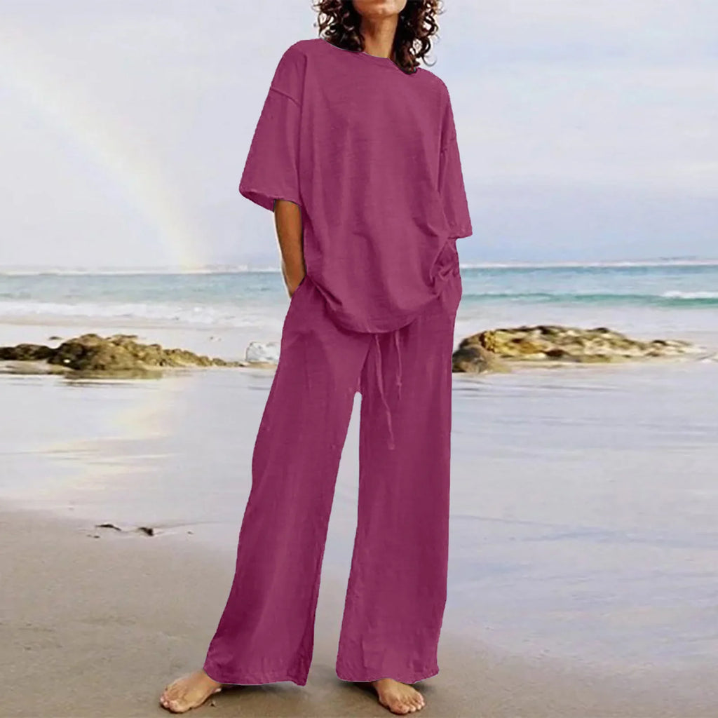 Fashion Women's 2-piece Set 2024 Summer Casual Pocket Set Half Sleeve O-Neck Top and Wide Leg Large Outline Pants Set