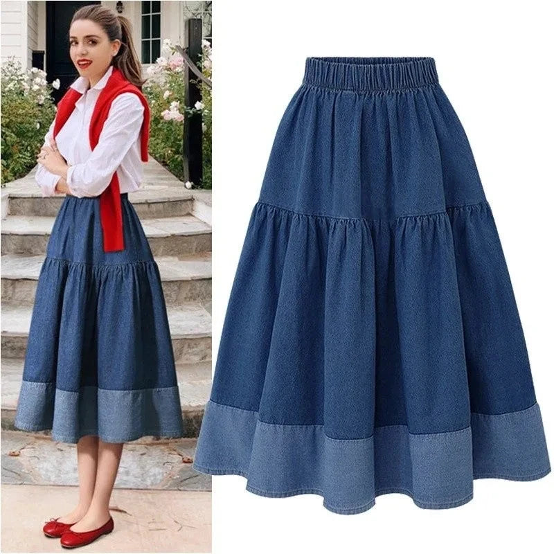 Blue Denim Skirt Womens High Waist Tiered Long Skirts Denim Elastic Casual Dress Elastic Waist A Line Jeans Skirt Girls Clothes