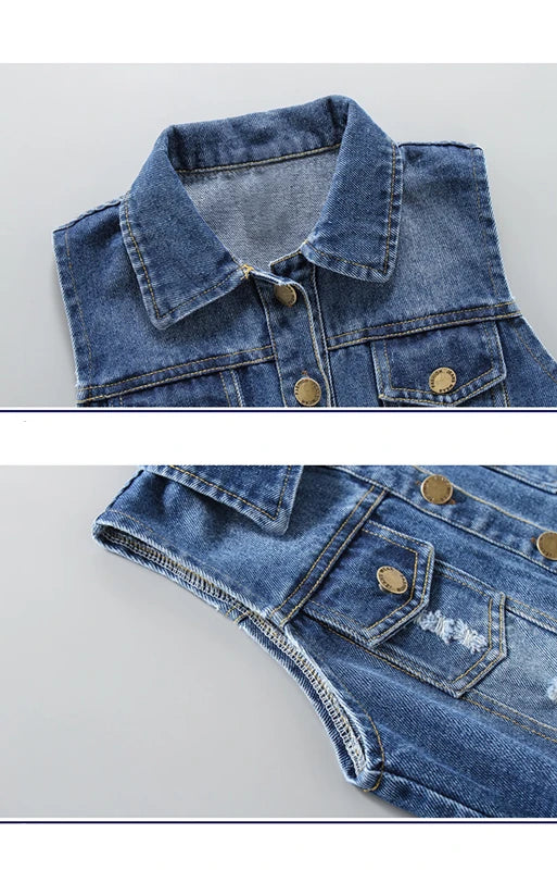 High Quality Children's Ripped Denim Vest Spring Autumn New Style Boys Girls Sleeveless Jacket Outerwear Trendy Hole Waistcoat