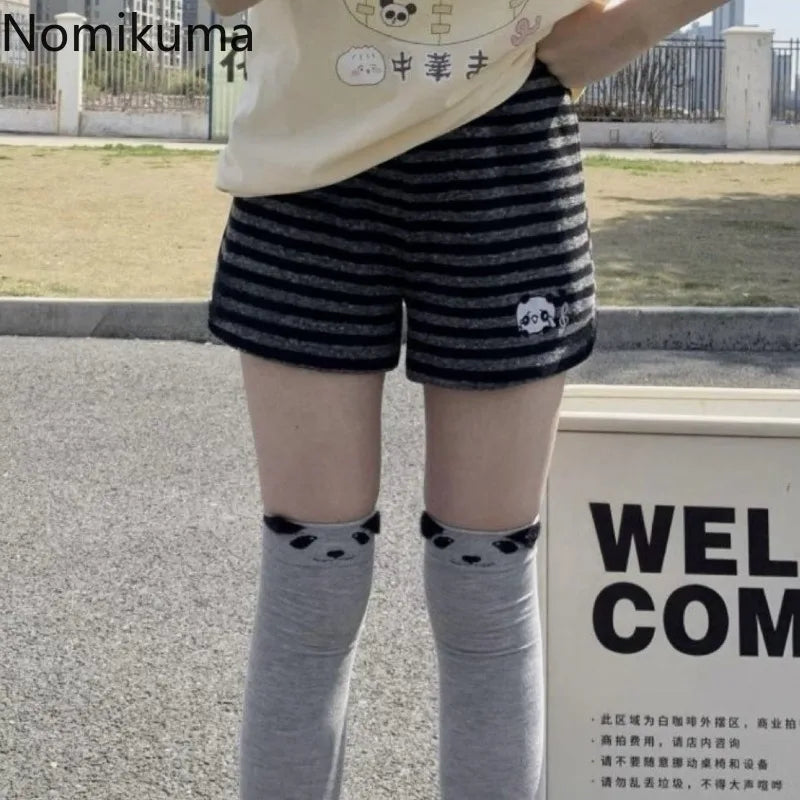 Japanese Shorts for Women Panda Embroidery Casual Pants Casual Fashion Striped Cute Summer Shorts Pantalones Cortos De Mujer