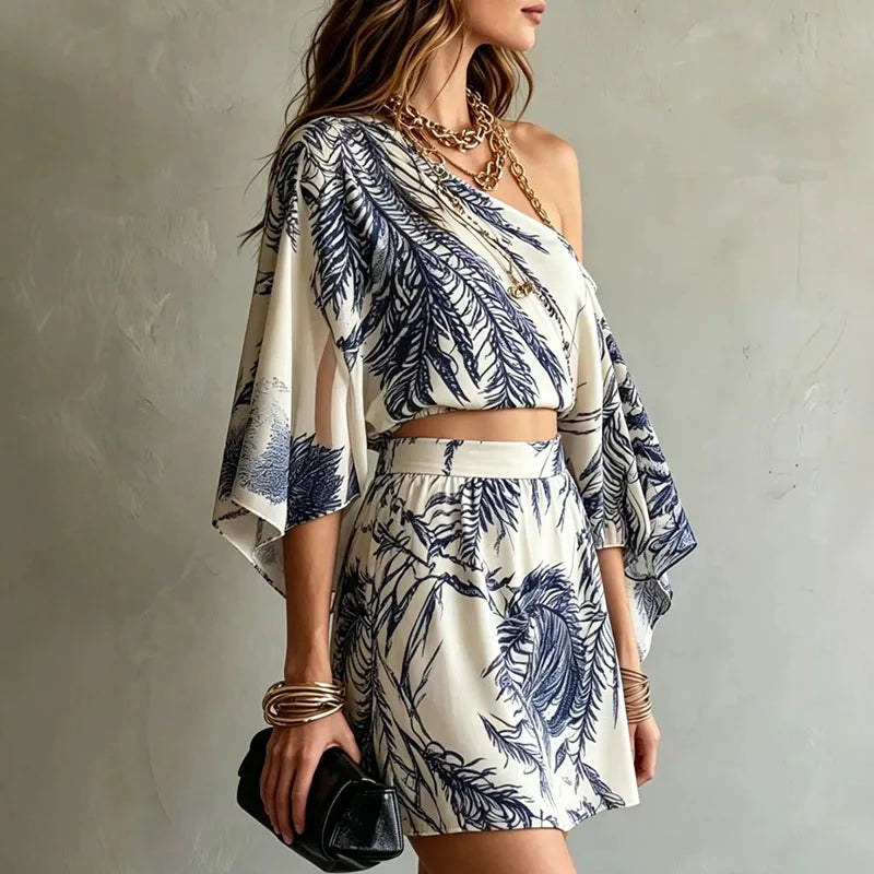 Fashion Leaf Print Bohemian Vacation Outfit Sexy Skew Collar Hollow Top+A-Line Skirts Women's Suit Spring Flare Sleeve Loose Set