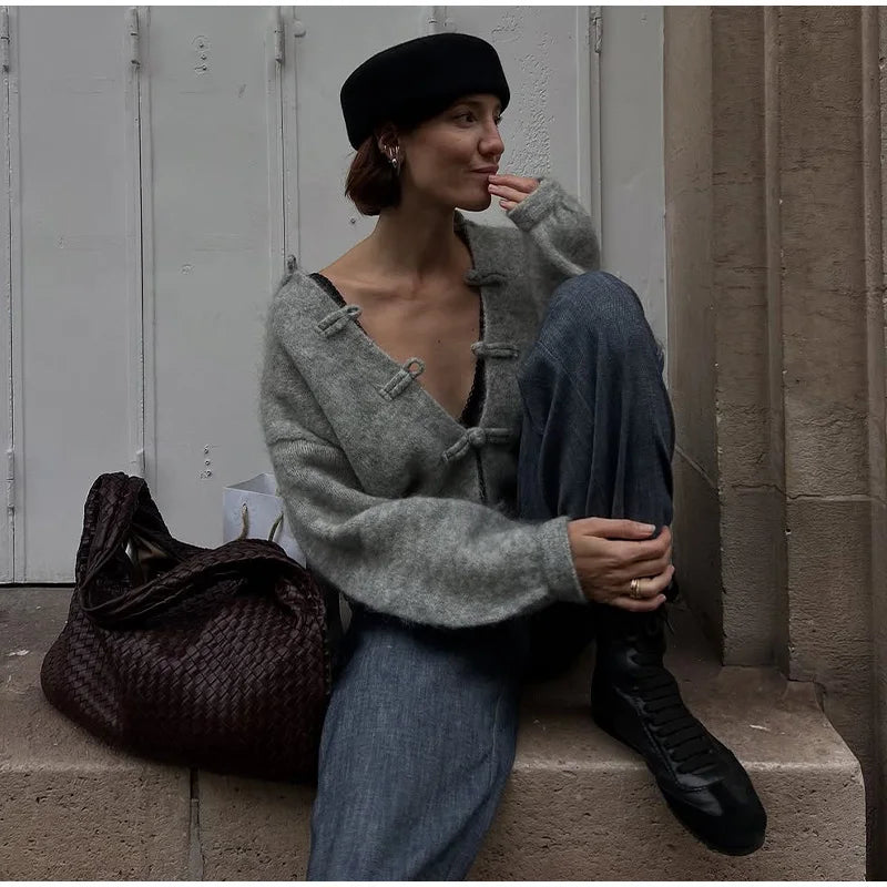 Elegant Knitted Print Women's Cardigan Loose Full Sleeve Stand Collar Zipper Sweaters Female 2026 Autumn Outwear Pockets Lady