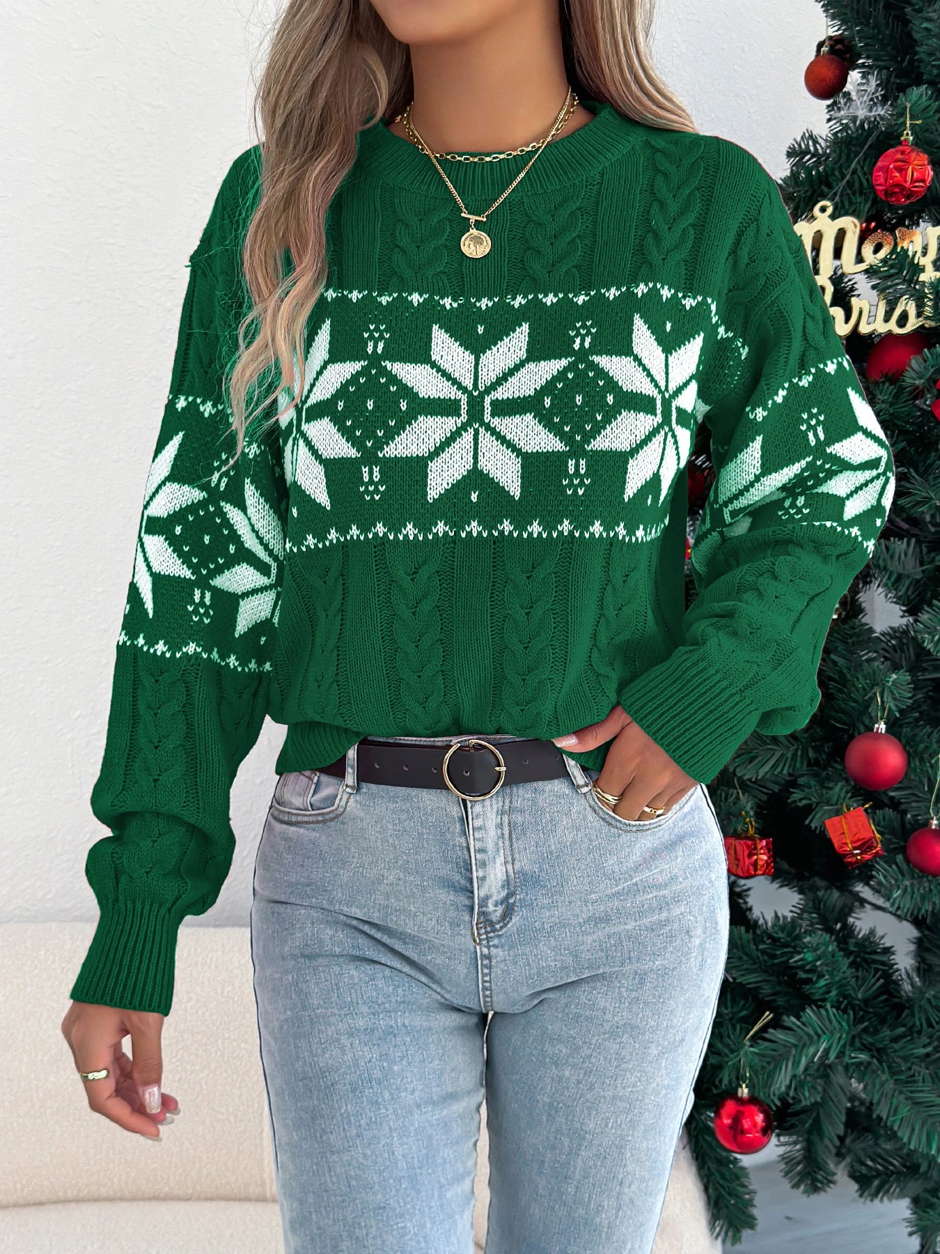 Christmas Woman Sweater Autumn Winter 2026 Casual Contrast Color Snowflake Pattern Knitted Tops Round Neck Long Sleeve Pullover