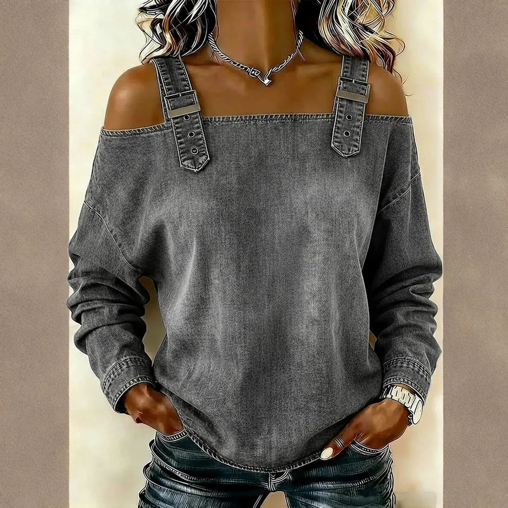 Women's Denim Top, Stylish Off-the-shoulder Long-sleeved Top with Shoulder Straps, Elegant and Versatile Denim Shirt, Streetwea