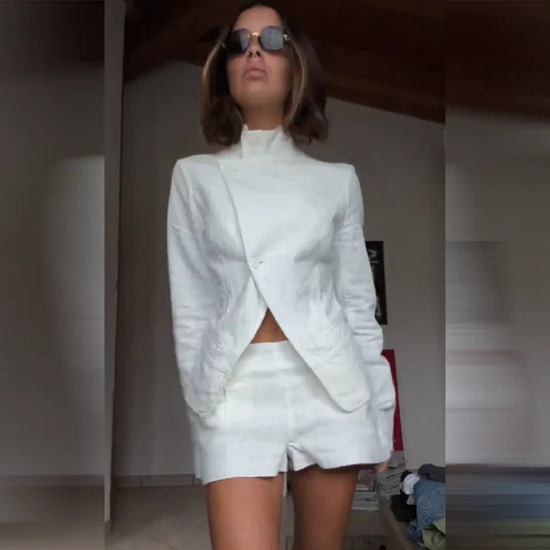 2026 New Women's 2 Piece Set High Neck Long Sleeve Twisted Cut Out Top + Shorts Suit Elegant Casual Office Streetwear Outfit