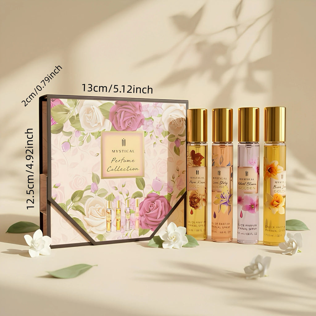 MYSTICAL 4pcs Satin Bloom Perfume Variety Gift Set, Long Lasting EDP Fragrance Selection for Garden Brunch, Weddings & Parties, Sweet Cherry, Damascus Rose & Gardenia, 0.68oz X 4 Portable Sprays, Luxury Beauty Fragrance Wardr