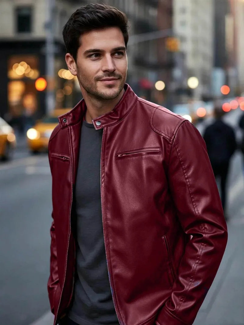 Men's PU leather jacket stand-up collar slim-fit vintage-style biker jacket spring/fall top