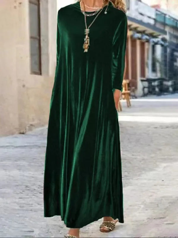 2025 Elegant Long Sleeve Velvet Dress Autumn Spring New Style Puffy Collar Slimming Tummy Covering Mid-Length Sleev Dress
