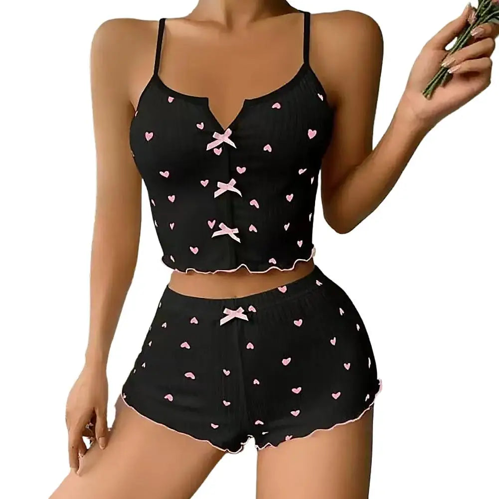 Women's Suspender Pajamas with Heart-Shaped Print Two-Piece Set Summer Comfortable Home Wear Sexy Casual Wear Set ﻿
