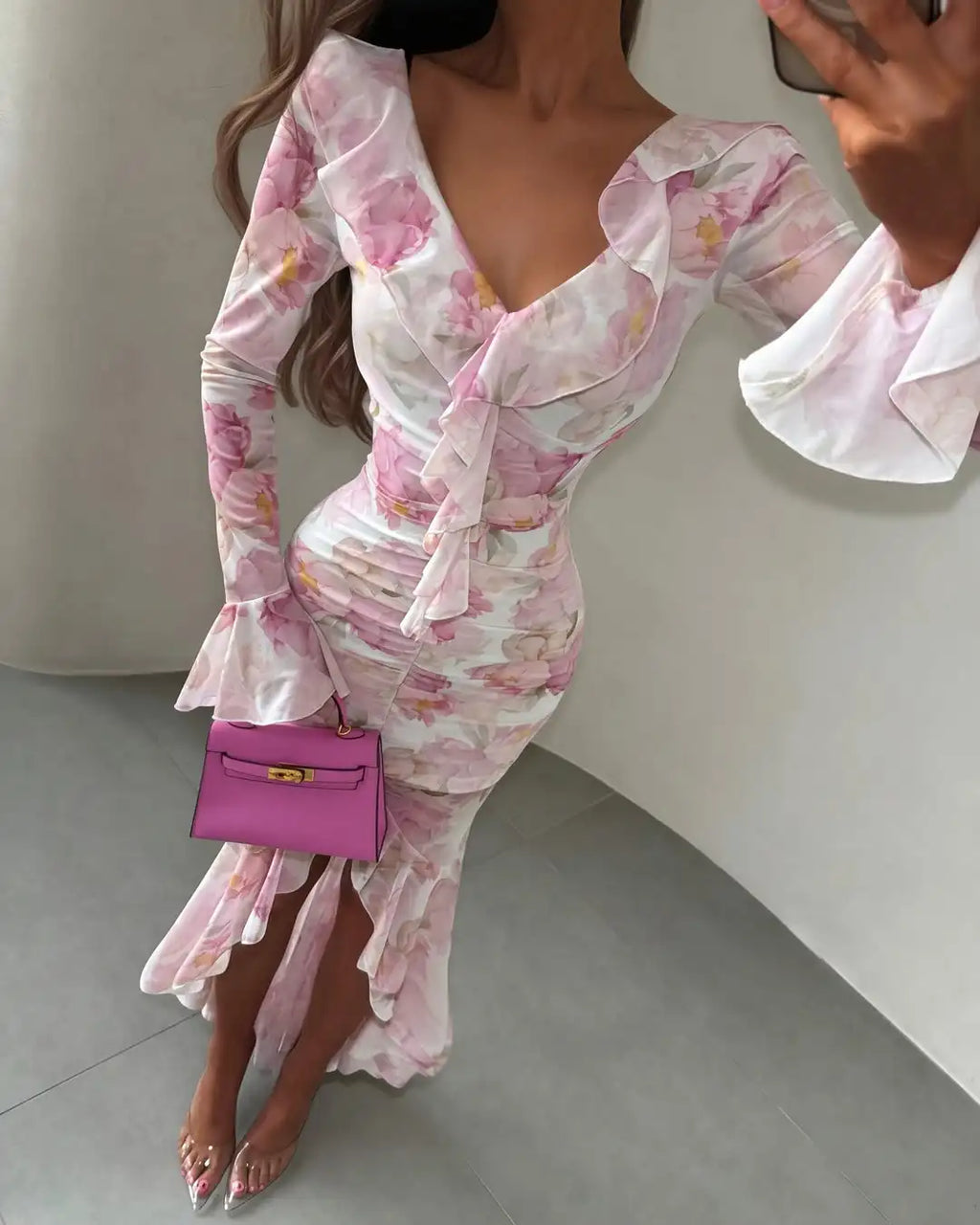 Women Floral Print Short Sleeve Maxi Dress Fashion V-neck Ruffle Trim Belted Slit Hem Dresses Casual Lady Daily Vacation Gowns