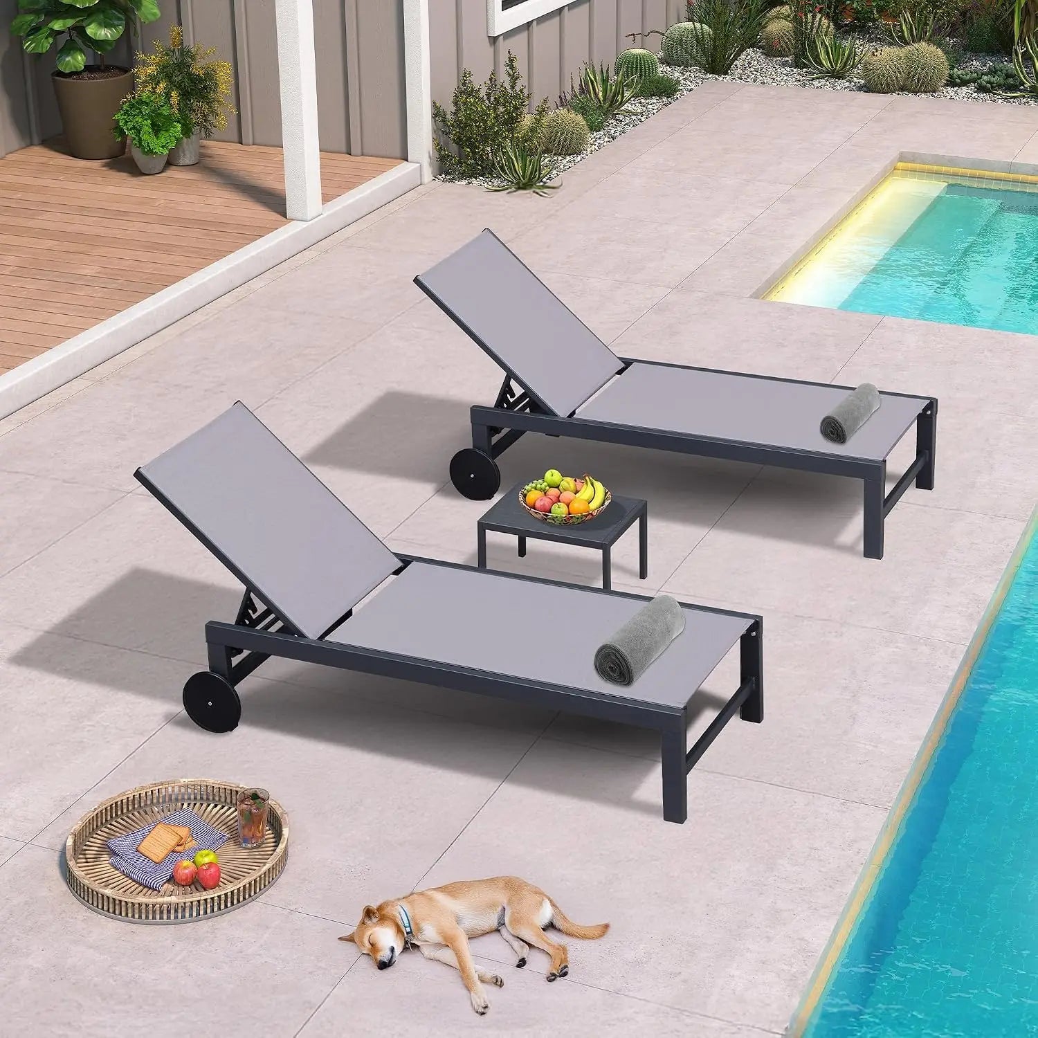 Fade-Resistant Pool Chaise Lounge, Quick-Dry Fabric, Rust-Proof Frame, 5-Position Recline, Wheels, 270 Lbs, Outdoor, Customized