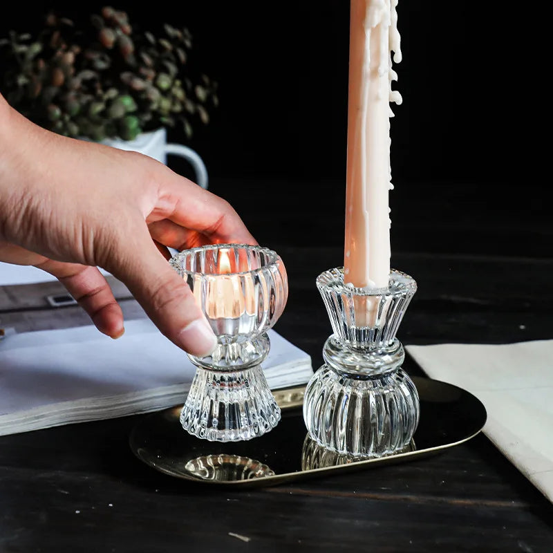 Creative Light Luxury Glass Candlestick European Retro Home Decoration Romantic Bar Skirt Double Use Candle Cup Holder Ornament