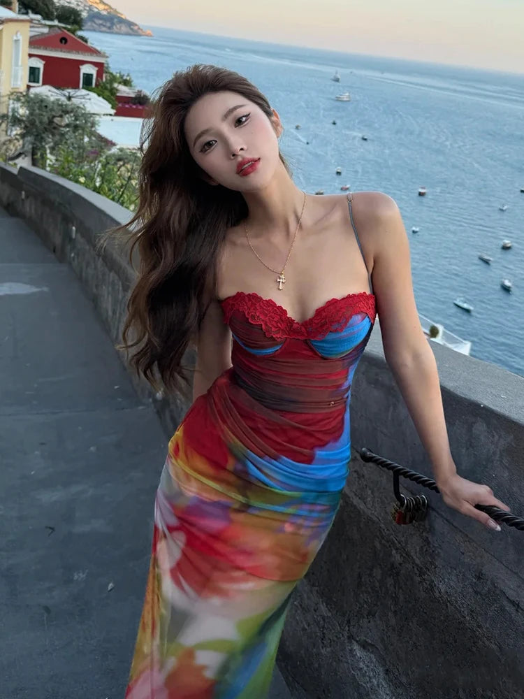 Weird Puss Colorful Print Maxi Dress Patchwork Lace Mesh Low-Neck Sleeveless Backless Summer Trend Vacation Clubwear Vestidos