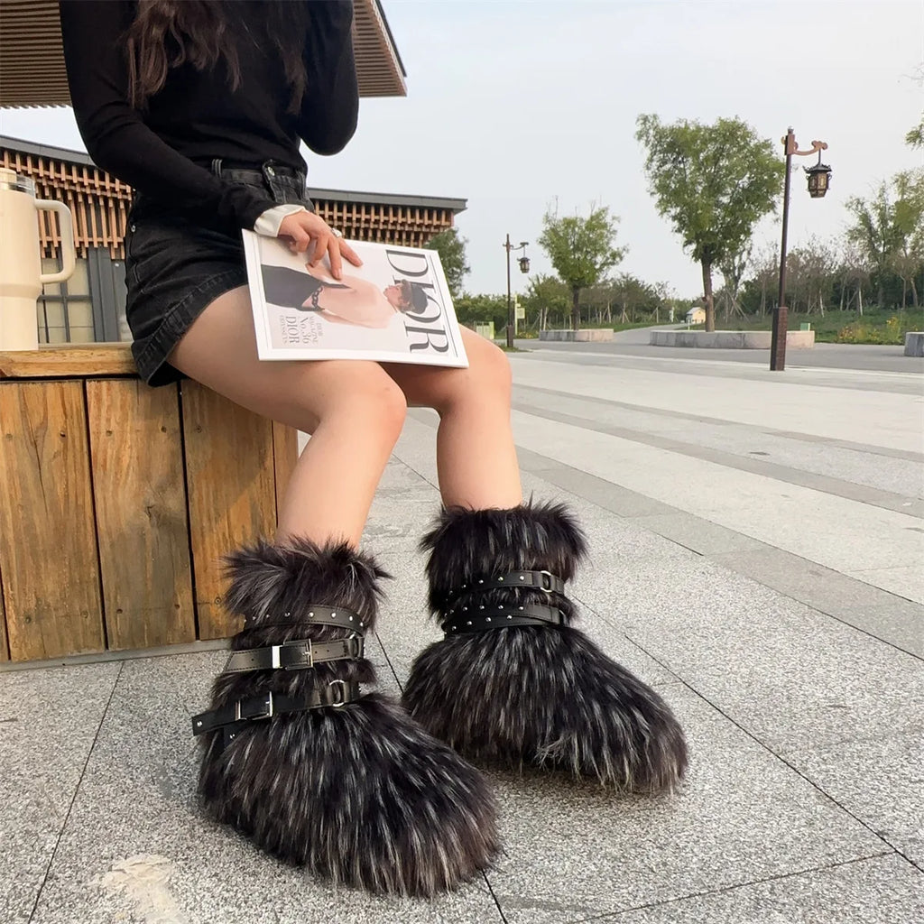 Winter Fur New Design Onepiece Raccoon FurFemale Snow Boots Fur shoes OutdoorMid Leg Boots y2k Cool Pink Girl