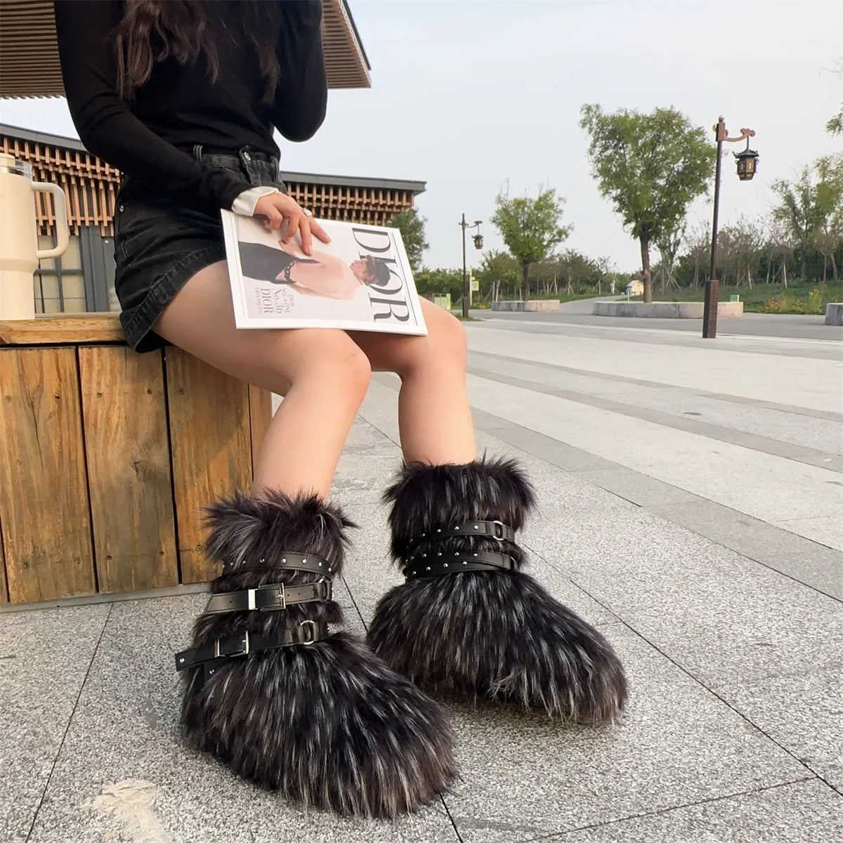 Winter Fur New Design Onepiece Raccoon FurFemale Snow Boots Fur shoes OutdoorMid Leg Boots y2k Cool Pink Girl