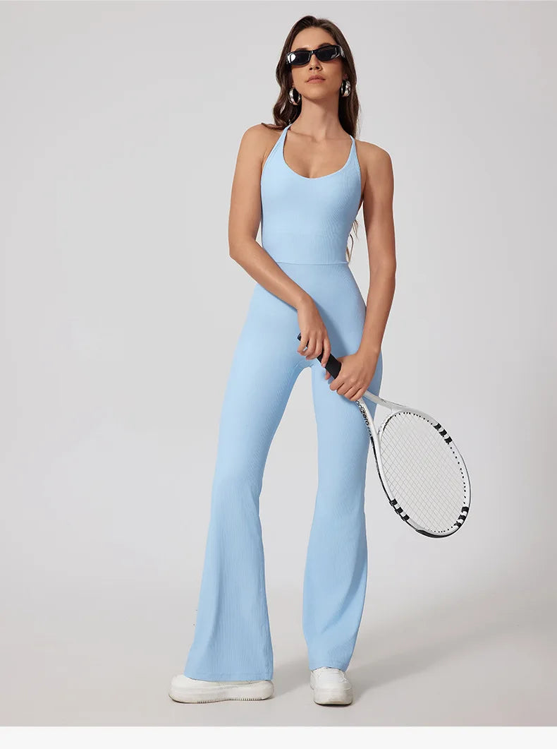 Women Thread Yoga Jumpsuit Sleeveless Gym Tracksuits Flared Overalls Workout Bodysuits Sportswear Female Sports One-Piece Outfit