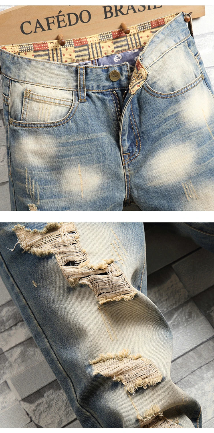 Distressed Ripped Jeans Men's Retro Blue Fashion Slim Motorcycle Trousers Male Hip-hop Street Male Hole Denim Pants