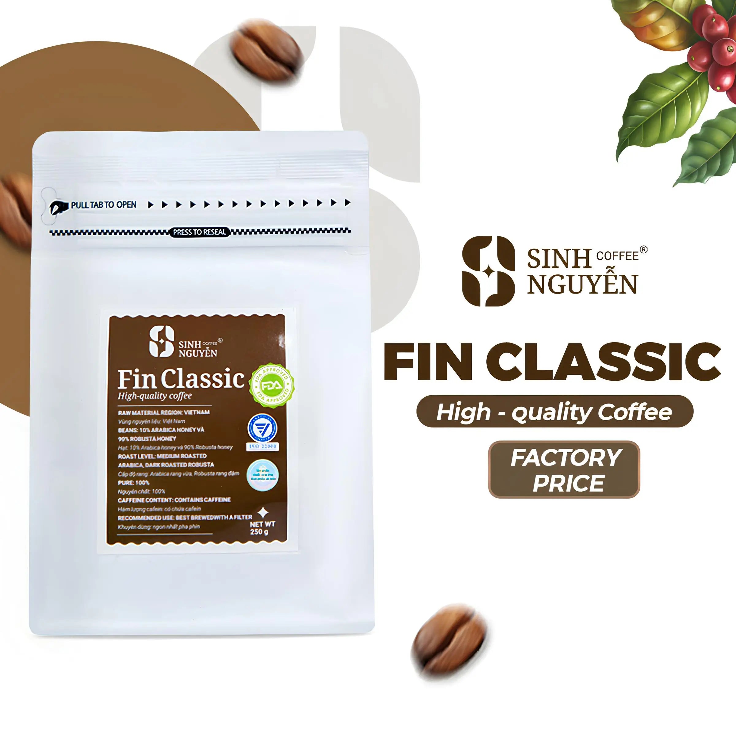 FIN CLASSIC Premium Vietnam Robusta & Arabica Whole Bean Coffee 1kg Medium Roast Sweet Bag Bulk Wholesale OEM Export