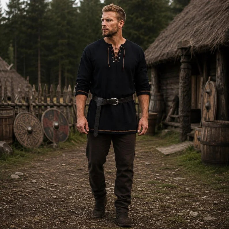 Men Medieval Lace Up Linen Long Sleeve Tunic Viking Pirate Renaissance Cosplay Shirt With Vintage Embossed Leather Belt