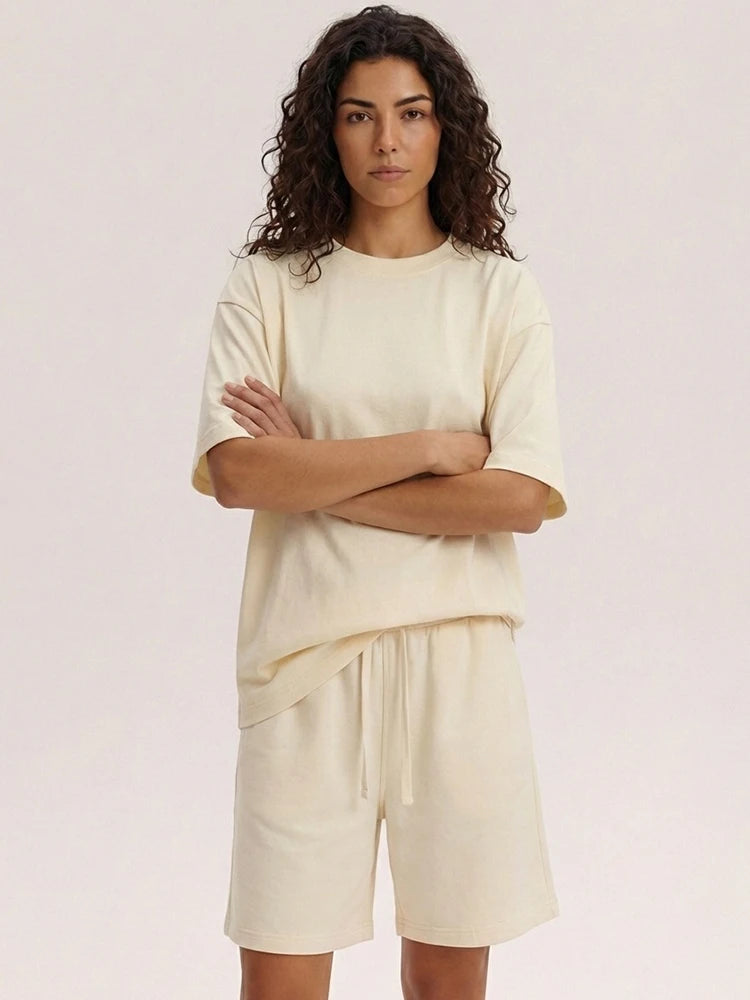 Summer 2 Piece Shorts Set Woman Cotton Brown Oversized T Shirts And Shorts Two Pieces Outfits For Women White Short Sets Pink