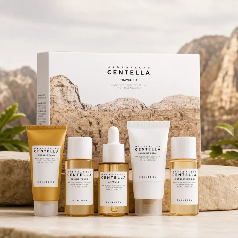 Korean Centella Travel Kit,Toner, Ampoule,Soothing Cream,Ampoule Foam,Cleansing Oil Daily Skincare Mini 5pcs Trial Kit Box Gifts