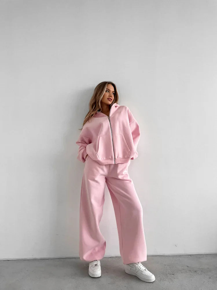 Women's Casual Suit Solid Color Long Sleeve Hooded Cardigan Pocket Sweater Elastic Pants Two-piece Set