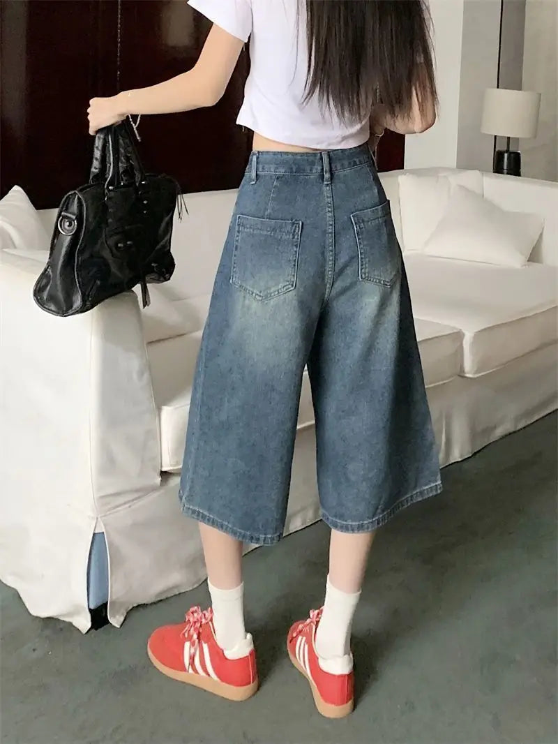 Summer American Style Vintage Women Baggy Jeans Y2k Loose Washed High Waist Knee Length Denim Pants Streetwear Wide Leg Shorts