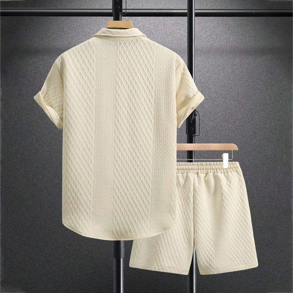 2025 Men'S Clothing Casual Two Piece Set Loose Plus Size Solid Button Down Short Sleeve Shirt & Elastic Waist Belted Shorts Suit