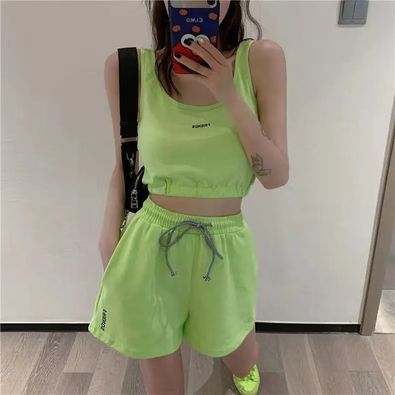 Women's Short Set Summer New Solid Sportswear Tank + Shorts Two Piece Womens Outifits Casual Sport Sets Woman