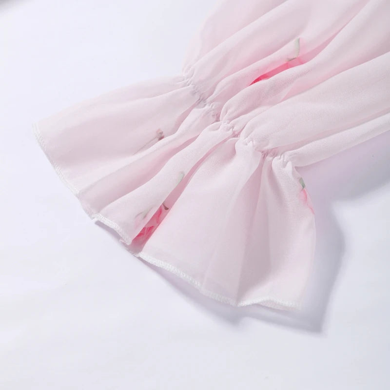 Elegant Floral Print Chiffon Dress Women's Backless Long Sleeve Ruffle Waist Cutout Tiered Dresses 2026 New Lady Party Wear
