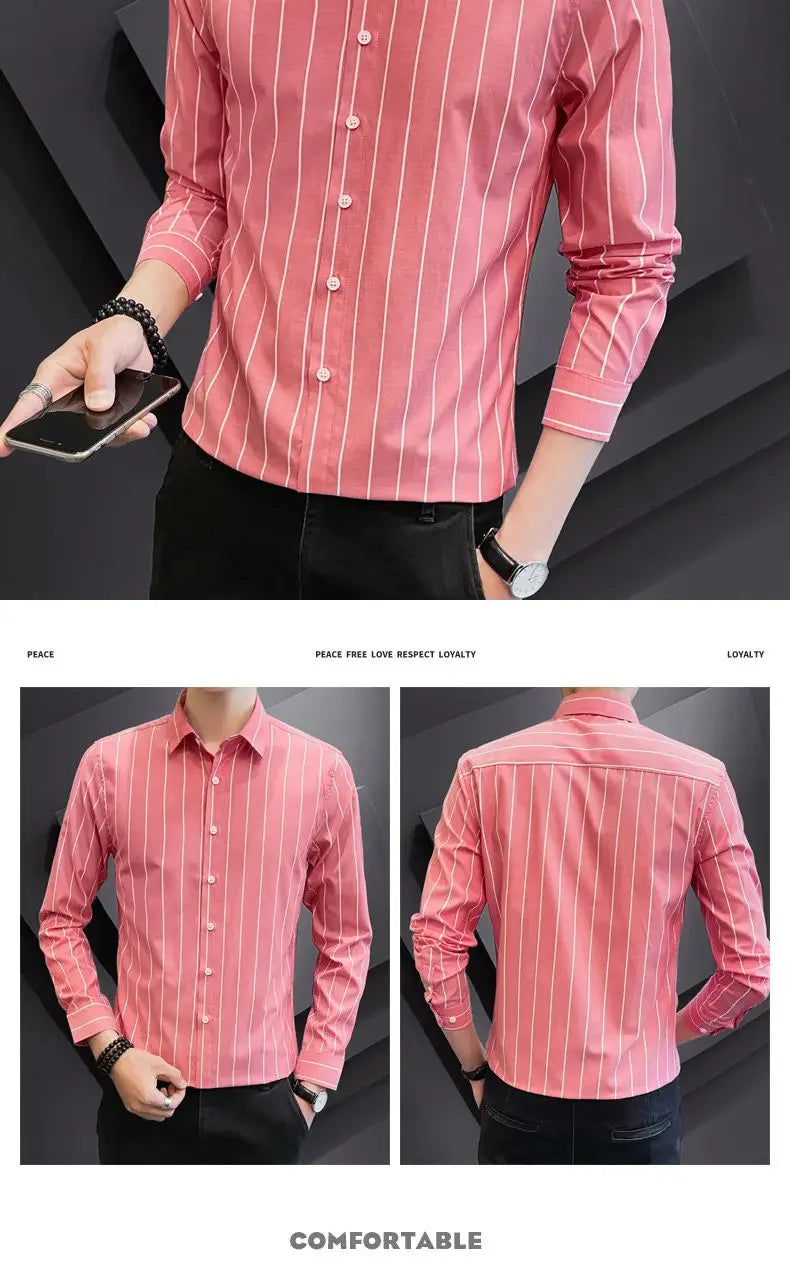 Stylish Men's Striped Shirt Printed Casual Business Dress Shirts Long Sleeve All-Match Slim Fit Fashion Korean Streetwear Shirts