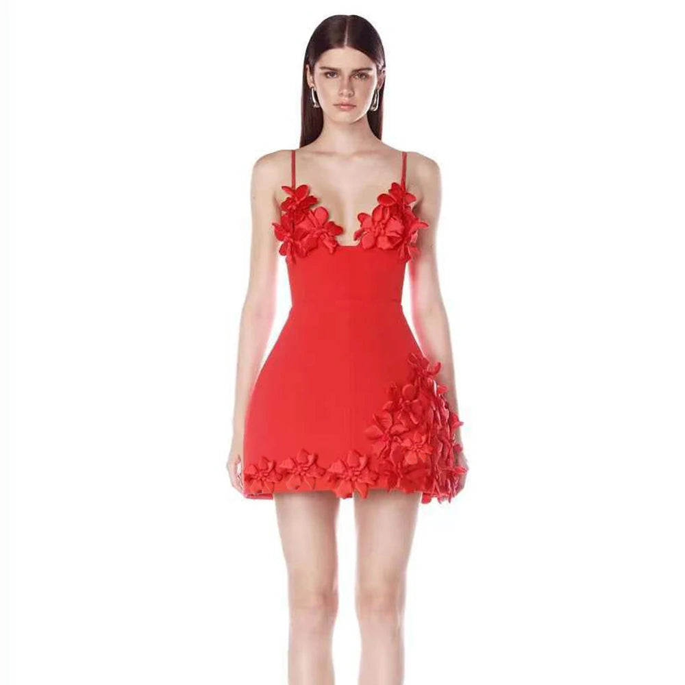 Women Simple 3D Floral Appliques Spaghetti Strap Bandage Dresses Deep V-Neck Backless Club Party Mini Dress
