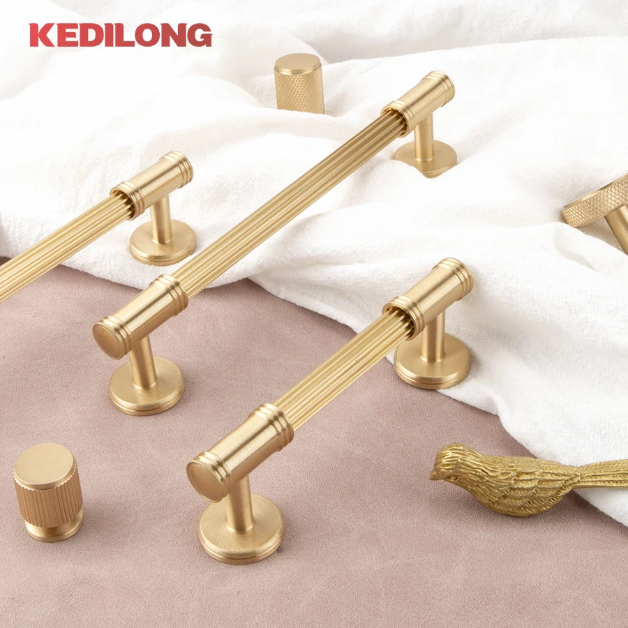 KEDLO French modern light luxury solid brass gold stripe long handle kitchen cabinet Pull handle drawer T handle