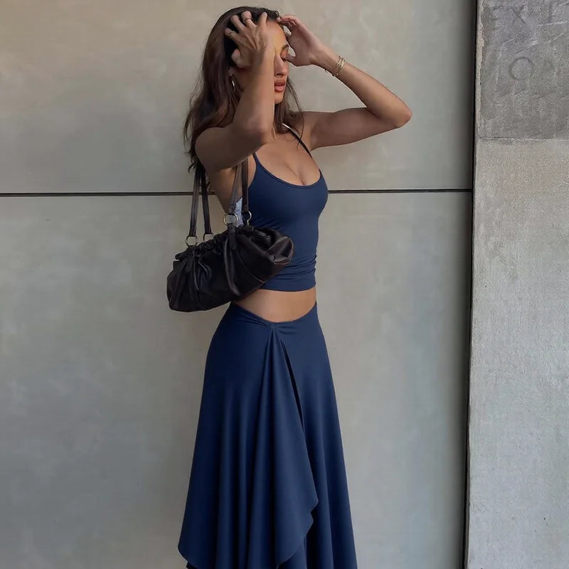 Hugcitar Fashion 2 Pcs Sets Halter Solid Backless Lace Up Sexy Crop Tank Top Ruched Maxi Skirt Women Outfit Beach Vacation Sport
