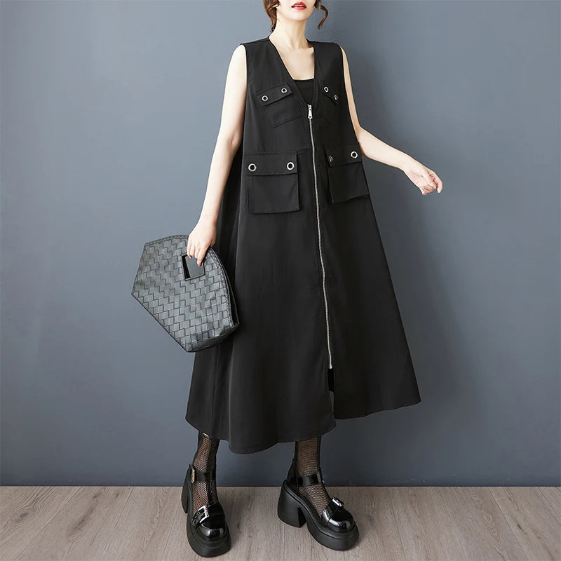 Summer 2026 Loose k Faion V-Ne Zipper Vest Dr Patchwork 3D ket Personali Dr Retro Sle Midi Skirt Dr