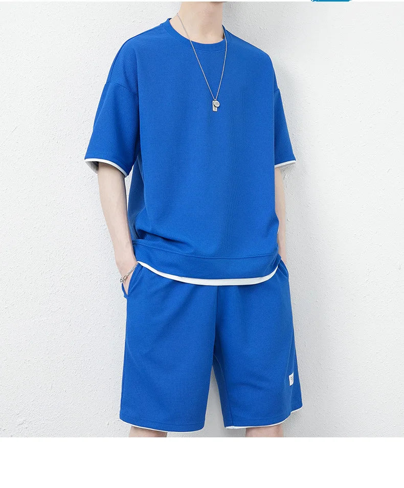 Summer Solid Waffle Tracksuits 2026 Men's Short Sleeve Shorts Casual Two Piece Sets Loose Breathable Men Clothes Joggers Outfits