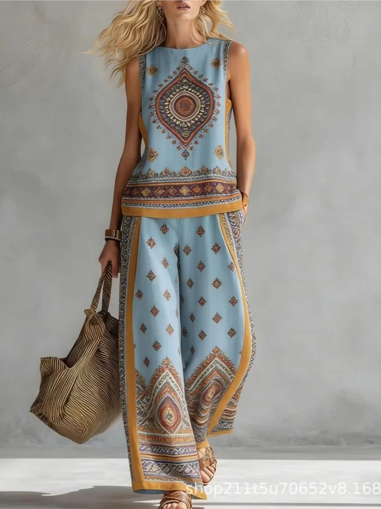 Fashion Retro Printed Sleeveless Tops Trousers 2-piece Set Women's Summer Casual Vest Loose Wide Leg Trousers Female Suit Pocket