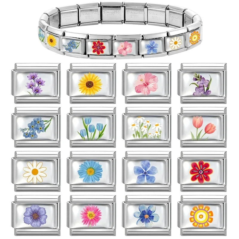 2025 Women's Fashion Colorful Flowers Sunflower Tulip Orchid Daisy Italian Charms Fit 9mm Stainless Steel Bracelet DIY Jewelry